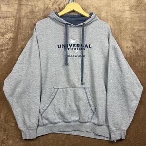 VTG Universal Studios Hollywood Hoodie Gray Navy Embroidered Logo Size XL Y2K